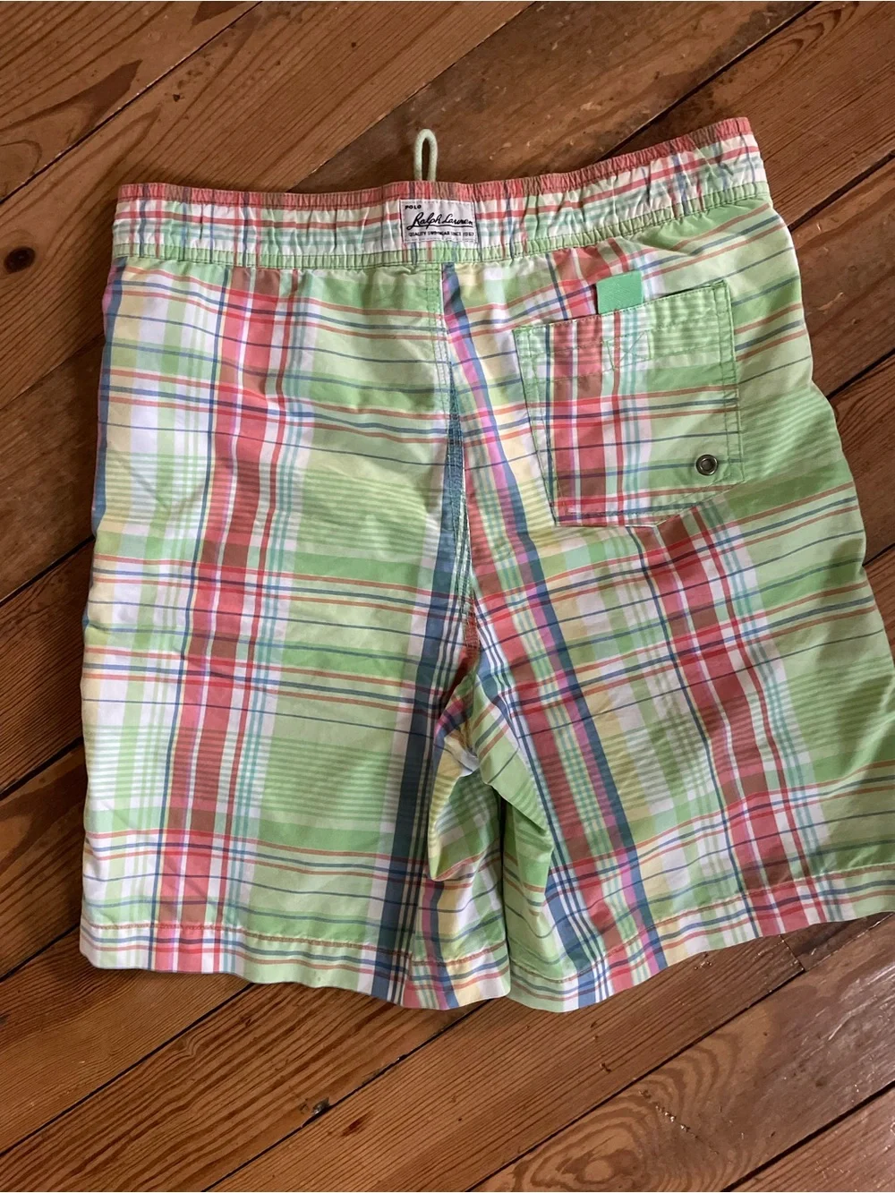 Ralph Lauren Green Plaid Swim Board Shorts with Red Stripe